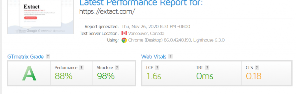 Gtmetrix extact kiểm tra tốc độ web