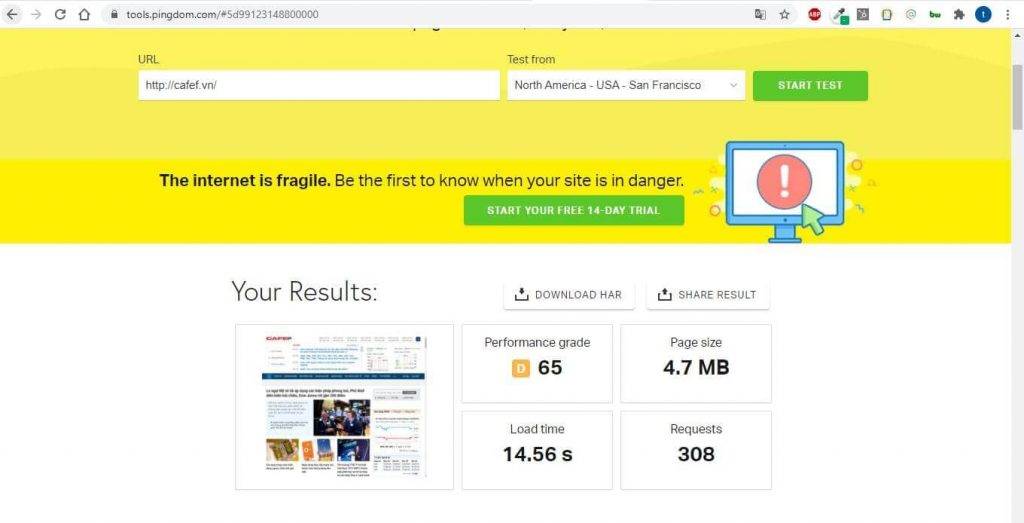 Cách kiểm tra tốc độ load của một website 8 pingdom tools - extact.com